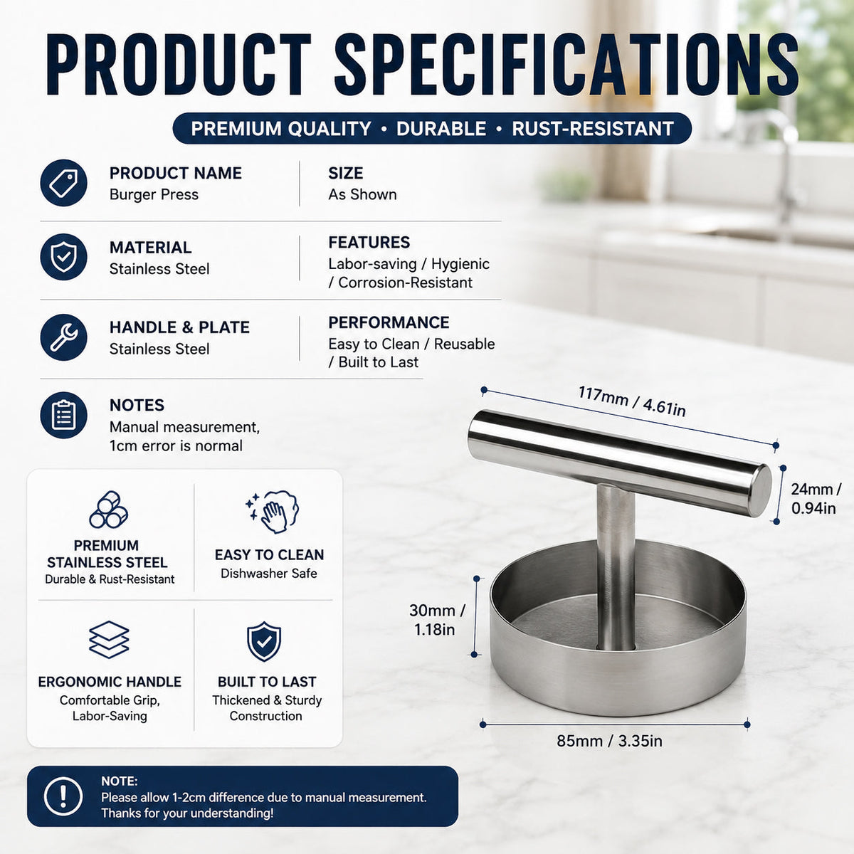 π BBQ FAVORITE | Manual Burger Patty Press β Uniform Round Patties for Grilling, Meal Prep & Home Cooking