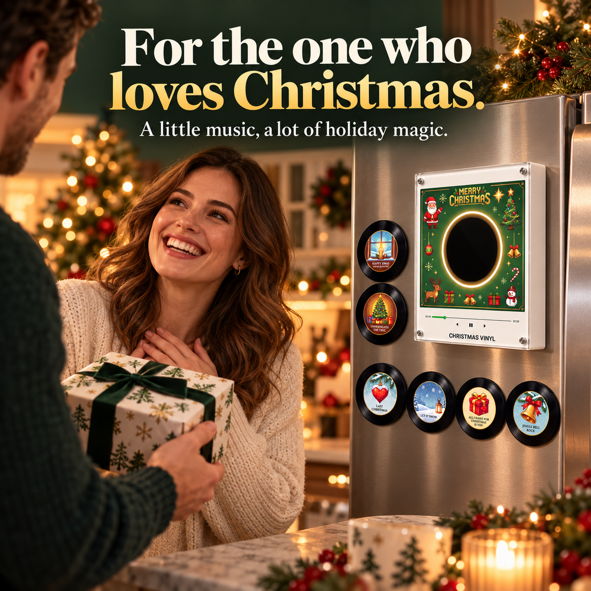 π Christmas Mini Vinyl Music Player β Magnetic Fridge Frame with 9 Records
