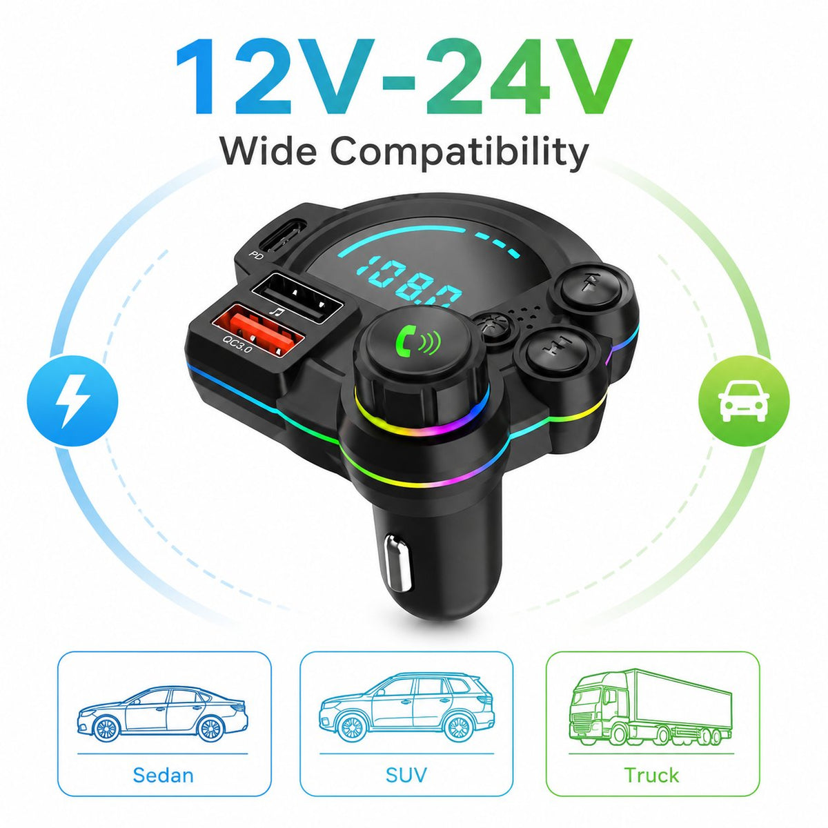 π Bluetooth 5.3 Car FM Transmitter | PD30W+QC3.0 3-Port Fast Charger, RGB Ambient Light for All Vehicles!π΅