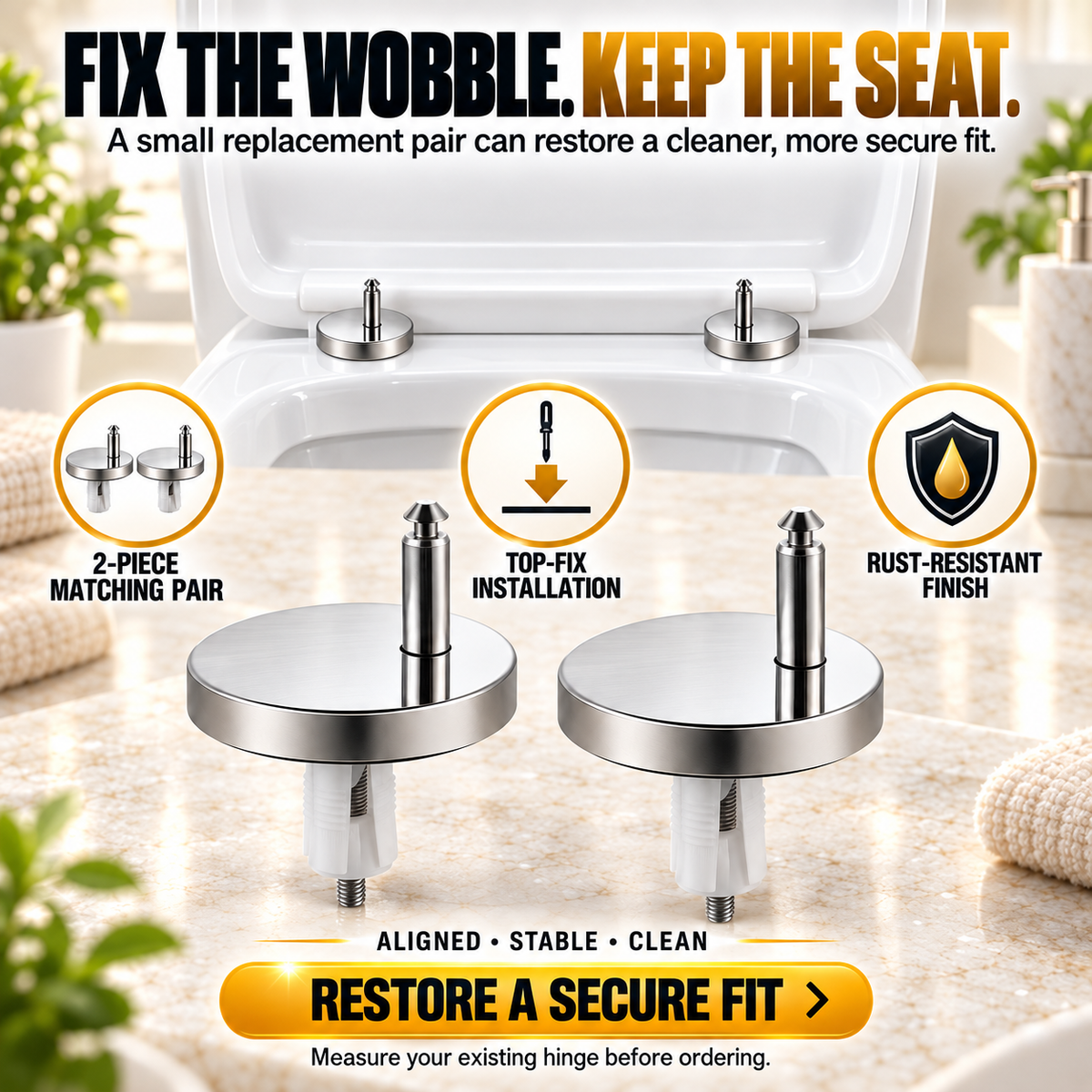π© 2-Pack Top-Fix Toilet Seat Hinge Bolts β Adjustable Anti-Wobble Replacement Kit