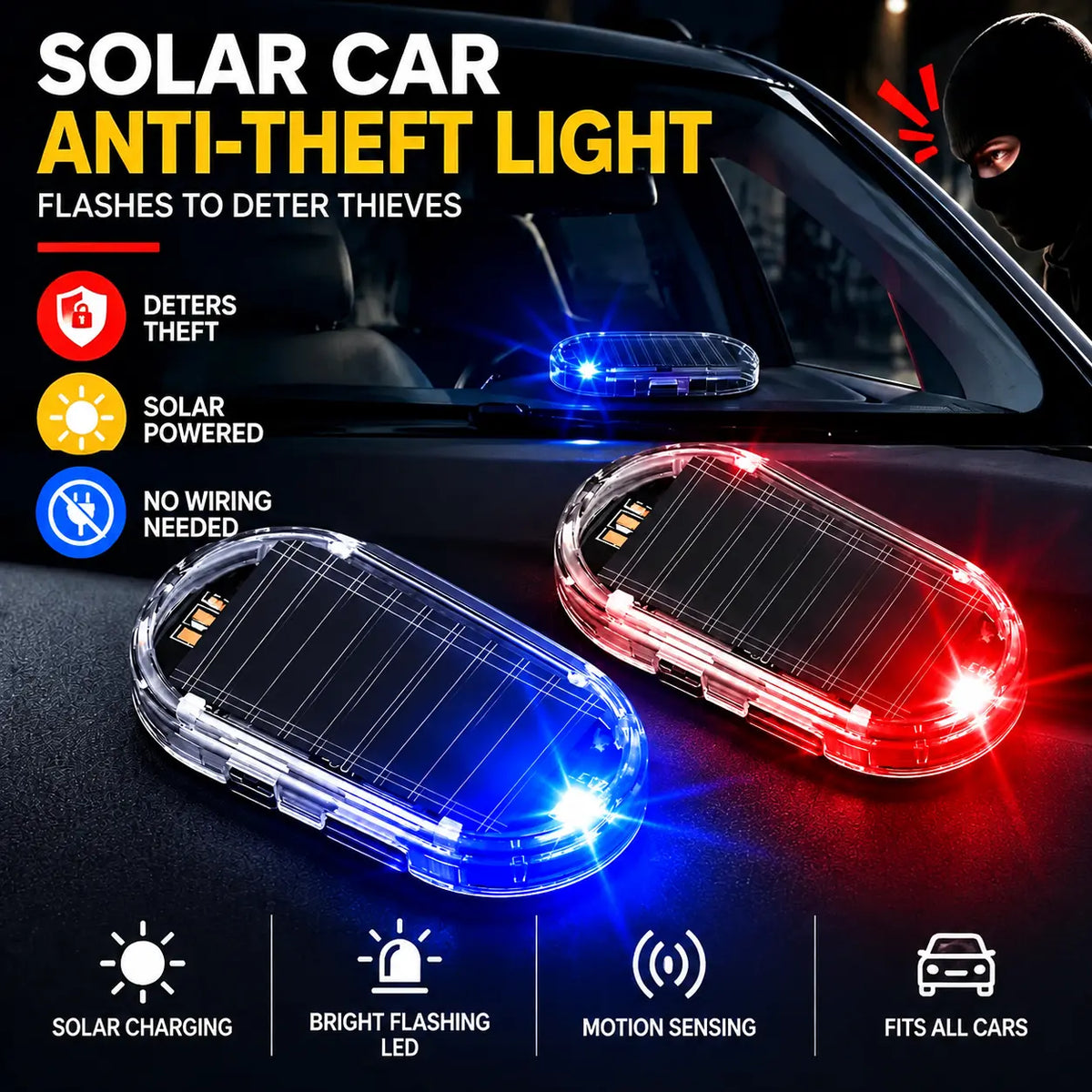 Solar Car Security Warning Light – Simulated LED Anti-Theft Indicator