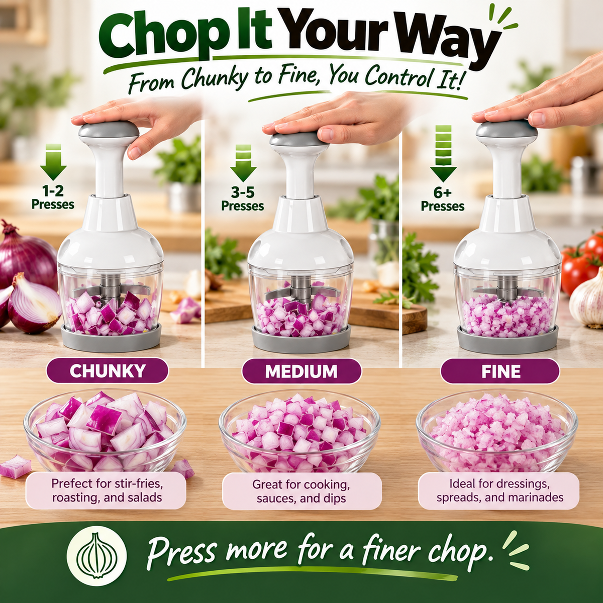 Manual Press Food Chopper – Stainless Steel Vegetable, Garlic, Herb & Nut Cutter