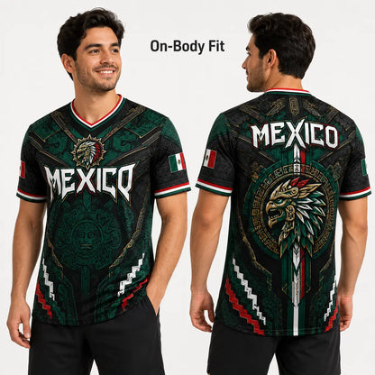 2026 Mexico Eagle Warrior Soccer Jersey⚽ – Aztec Calendar Graphic V-Neck Fan Shirt for Men