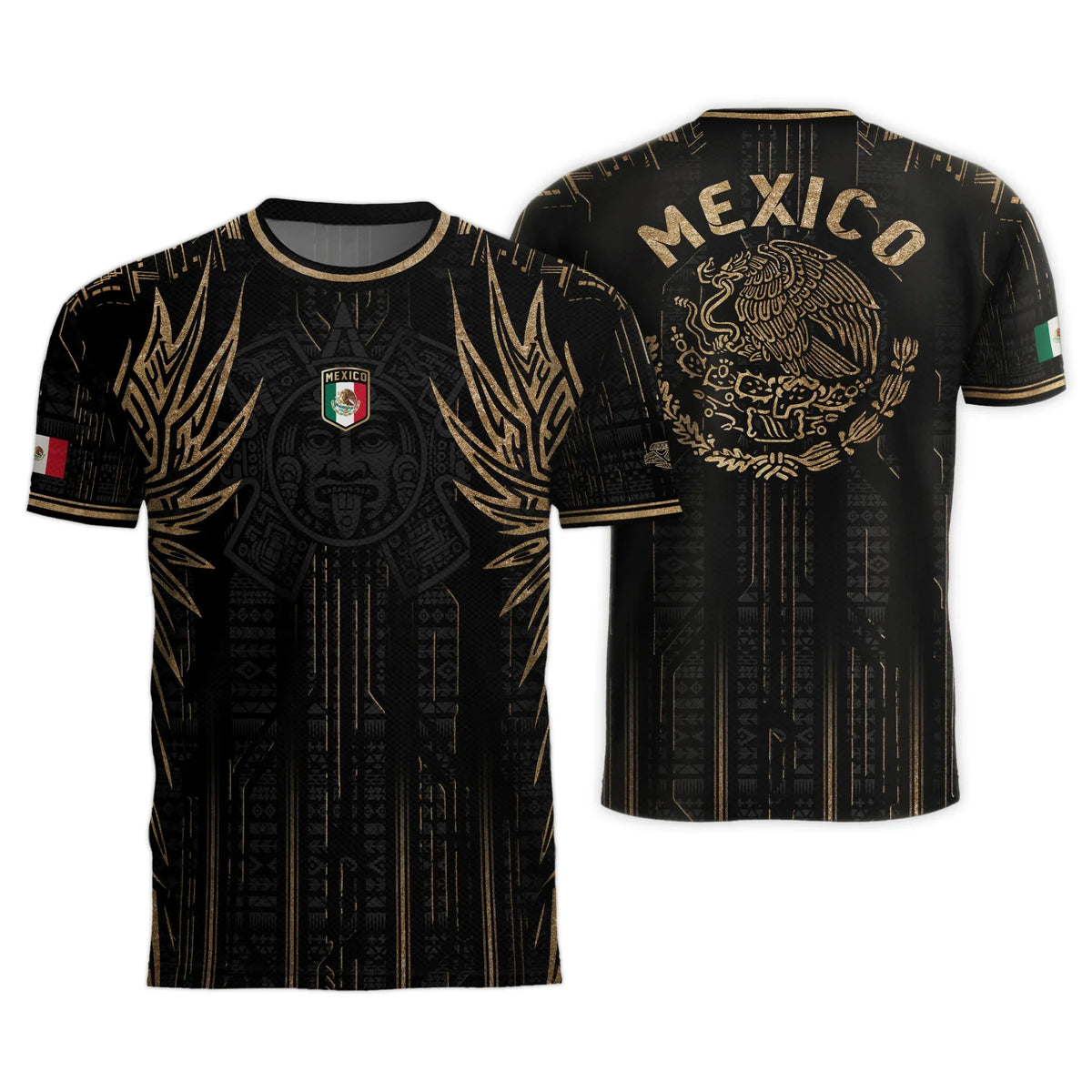 Mexico Soccer Jersey Black Aztec Warrior Gold Feather Design