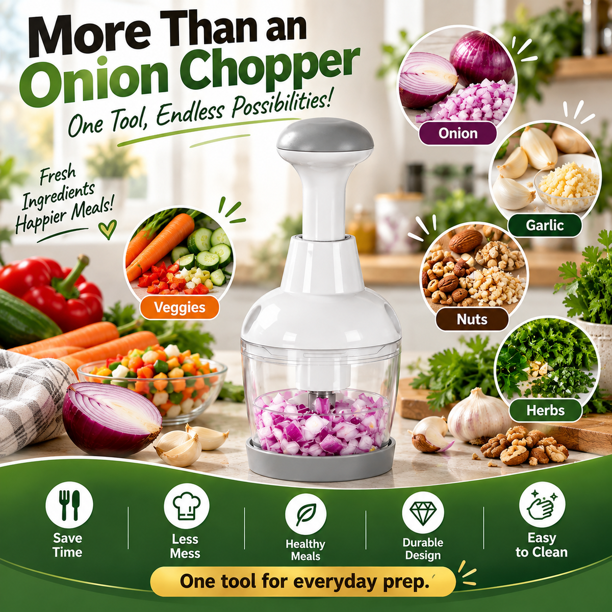 Manual Press Food Chopper – Stainless Steel Vegetable, Garlic, Herb & Nut Cutter
