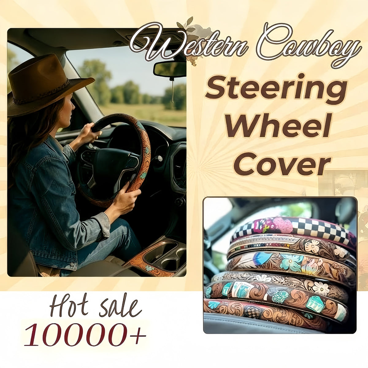 All-Season Breathable Steering Wheel Cover – Western Style, Non-Slip Grip, 14.3-14.6"