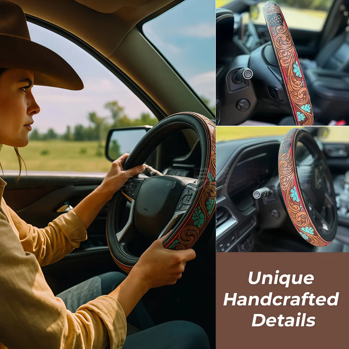 All-Season Breathable Steering Wheel Cover – Western Style, Non-Slip Grip, 14.3-14.6"