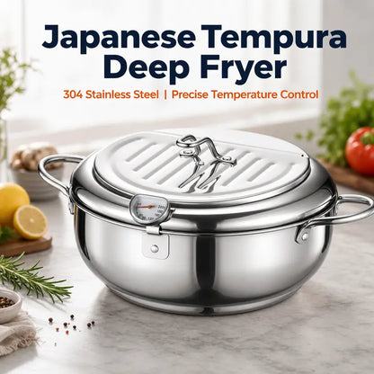 304 Grade Stainless Steel Deep Fryer Pot - Japanese Style, with Thermometer, Oil Drip Drainer Rack, Temp Control, Induction Safe for Gas Stoves, French Fries, Chicken Wings