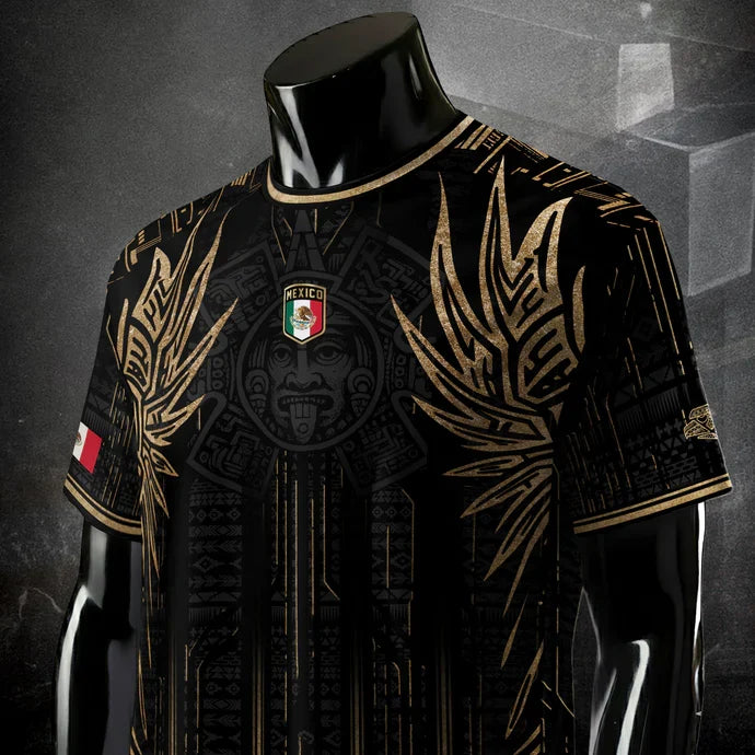 Mexico Soccer Jersey Black Aztec Warrior Gold Feather Design