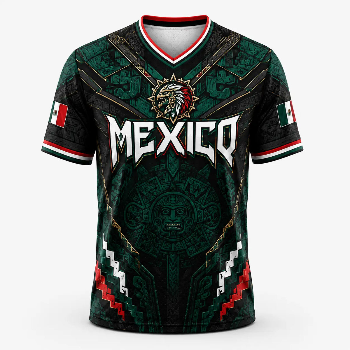 2026 Mexico Eagle Warrior Soccer Jersey⚽ – Aztec Calendar Graphic V-Neck Fan Shirt for Men