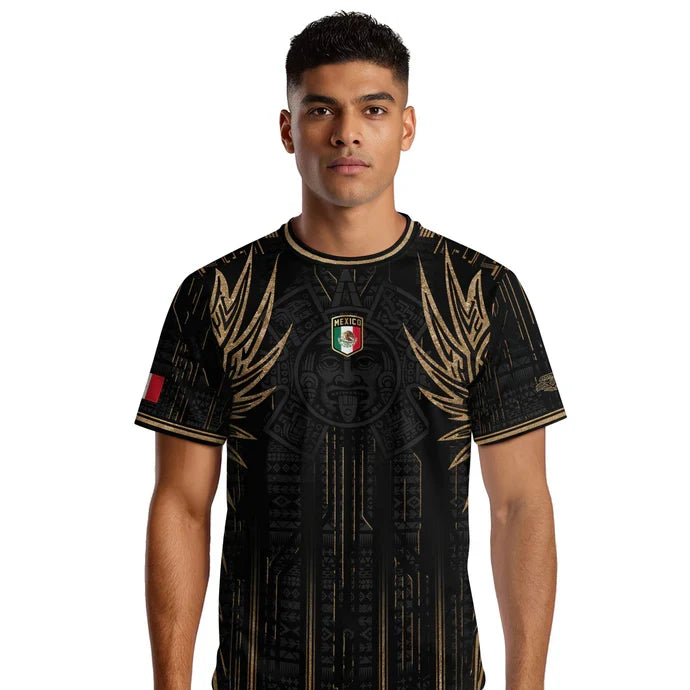 Mexico Soccer Jersey Black Aztec Warrior Gold Feather Design