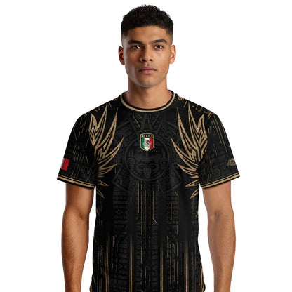 Mexico Soccer Jersey Black Aztec Warrior Gold Feather Design