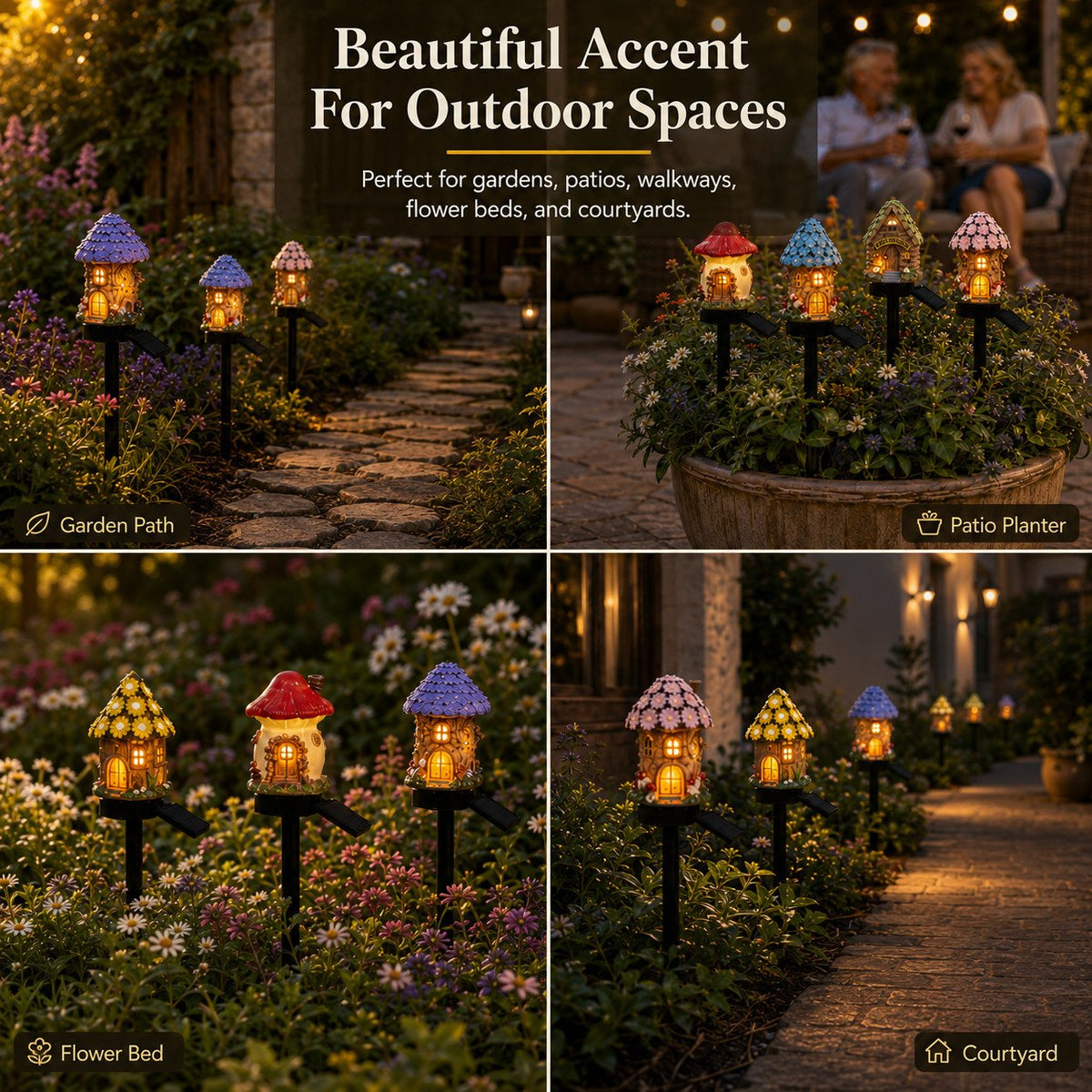 Garden Decor Solar Fairy House Stake Lights - Auto Light Sensor Resin Outdoor Lighting, Waterproof Yard Accessories