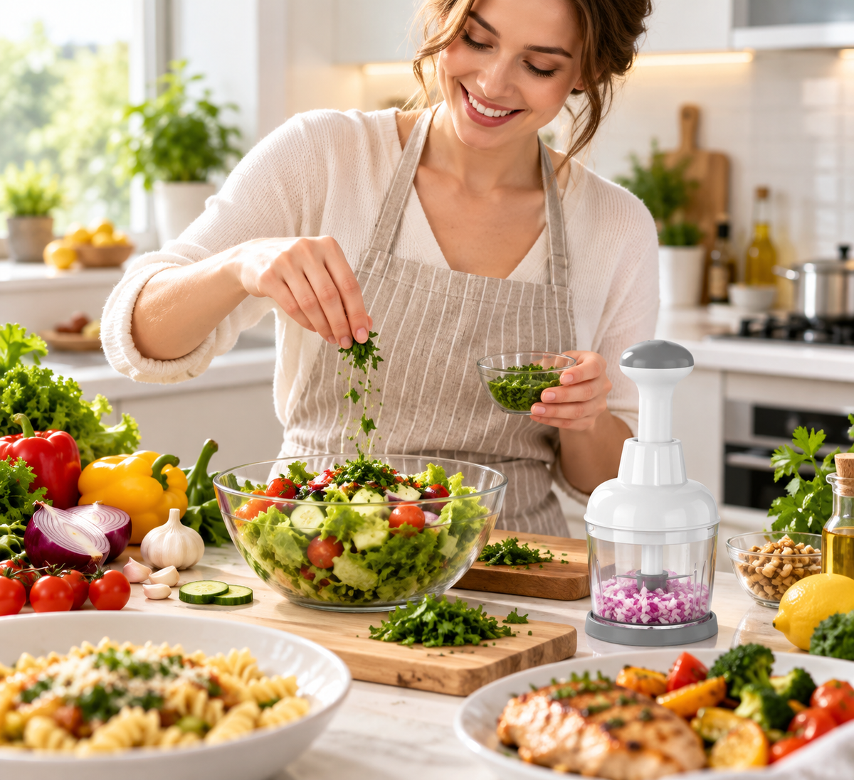 Manual Press Food Chopper – Stainless Steel Vegetable, Garlic, Herb & Nut Cutter