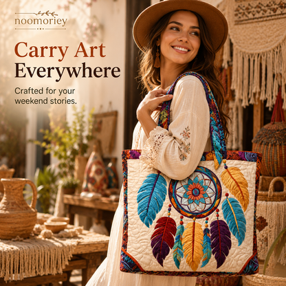 ✨ Boho Dreamcatcher Quilted Tote Bag – 3D Embroidered Feather Design, Spacious Everyday Carryall