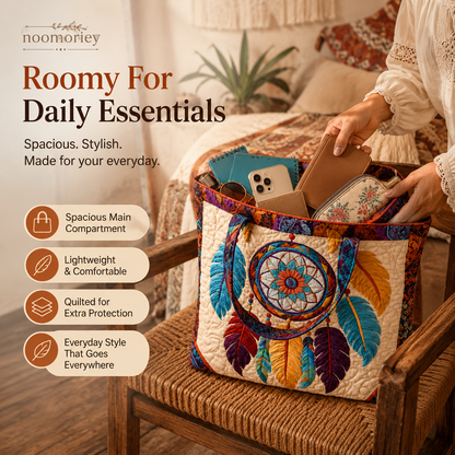 ✨ Boho Dreamcatcher Quilted Tote Bag – 3D Embroidered Feather Design, Spacious Everyday Carryall