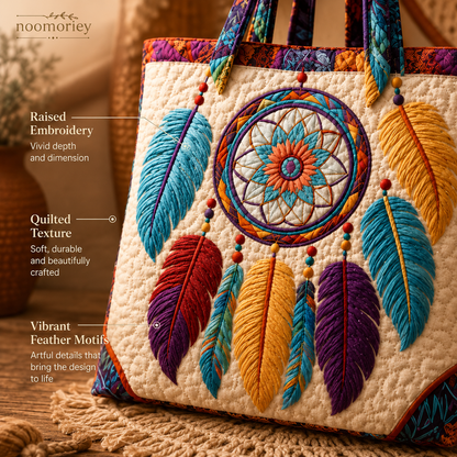 ✨ Boho Dreamcatcher Quilted Tote Bag – 3D Embroidered Feather Design, Spacious Everyday Carryall