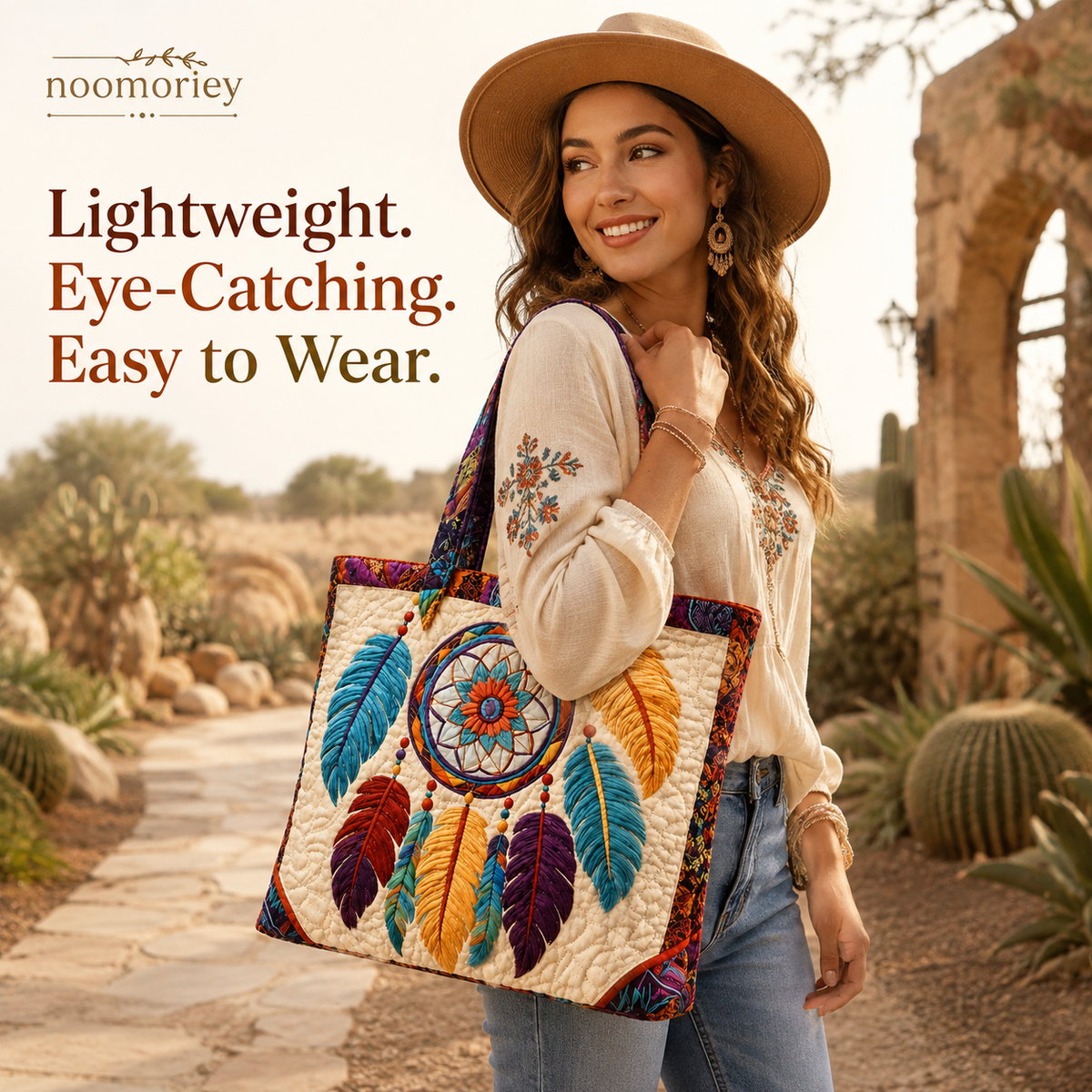 ✨ Boho Dreamcatcher Quilted Tote Bag – 3D Embroidered Feather Design, Spacious Everyday Carryall