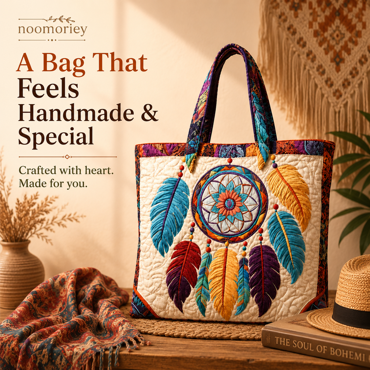 ✨ Boho Dreamcatcher Quilted Tote Bag – 3D Embroidered Feather Design, Spacious Everyday Carryall