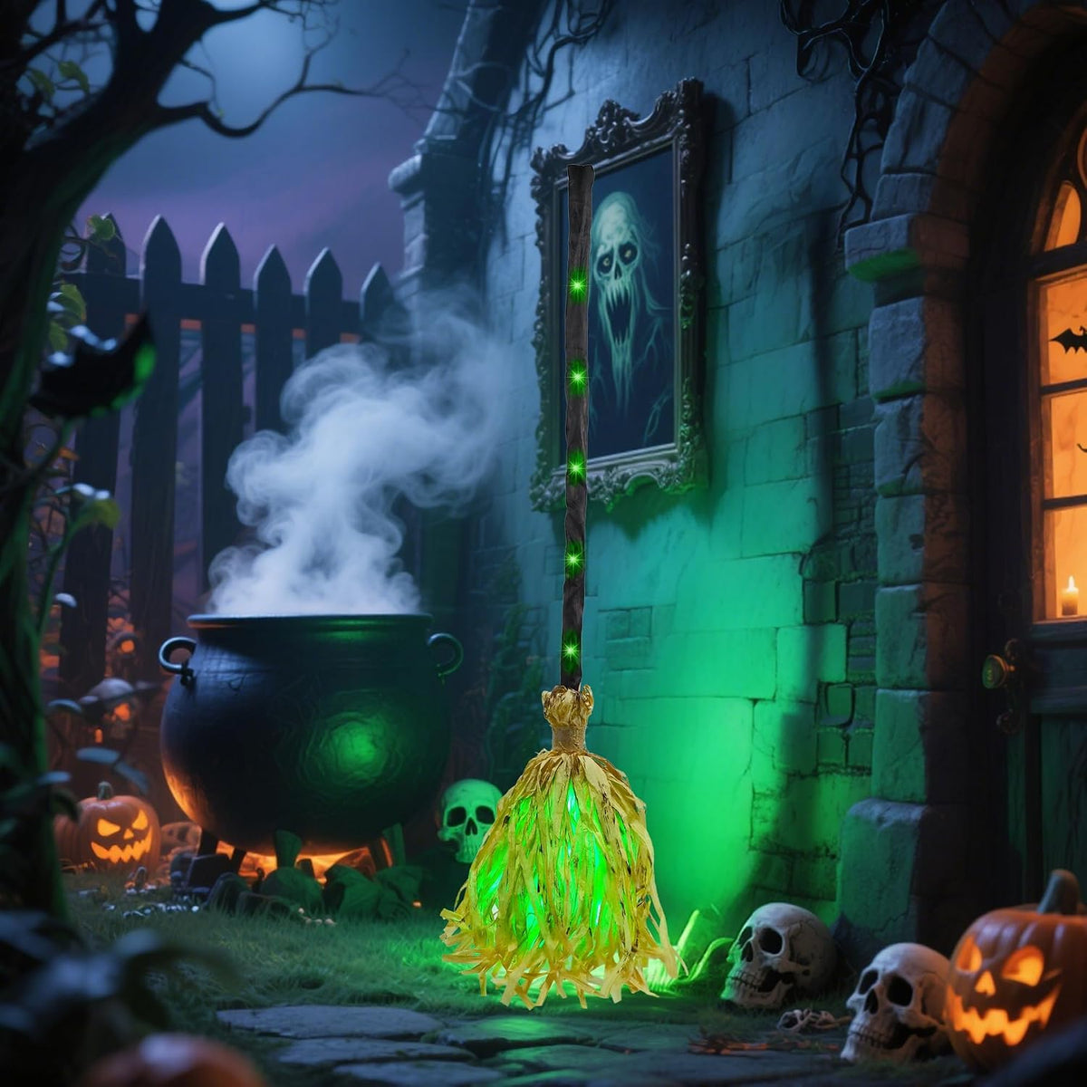 Animated Dancing Witch Broom with Green LEDs & Spooky Laughter