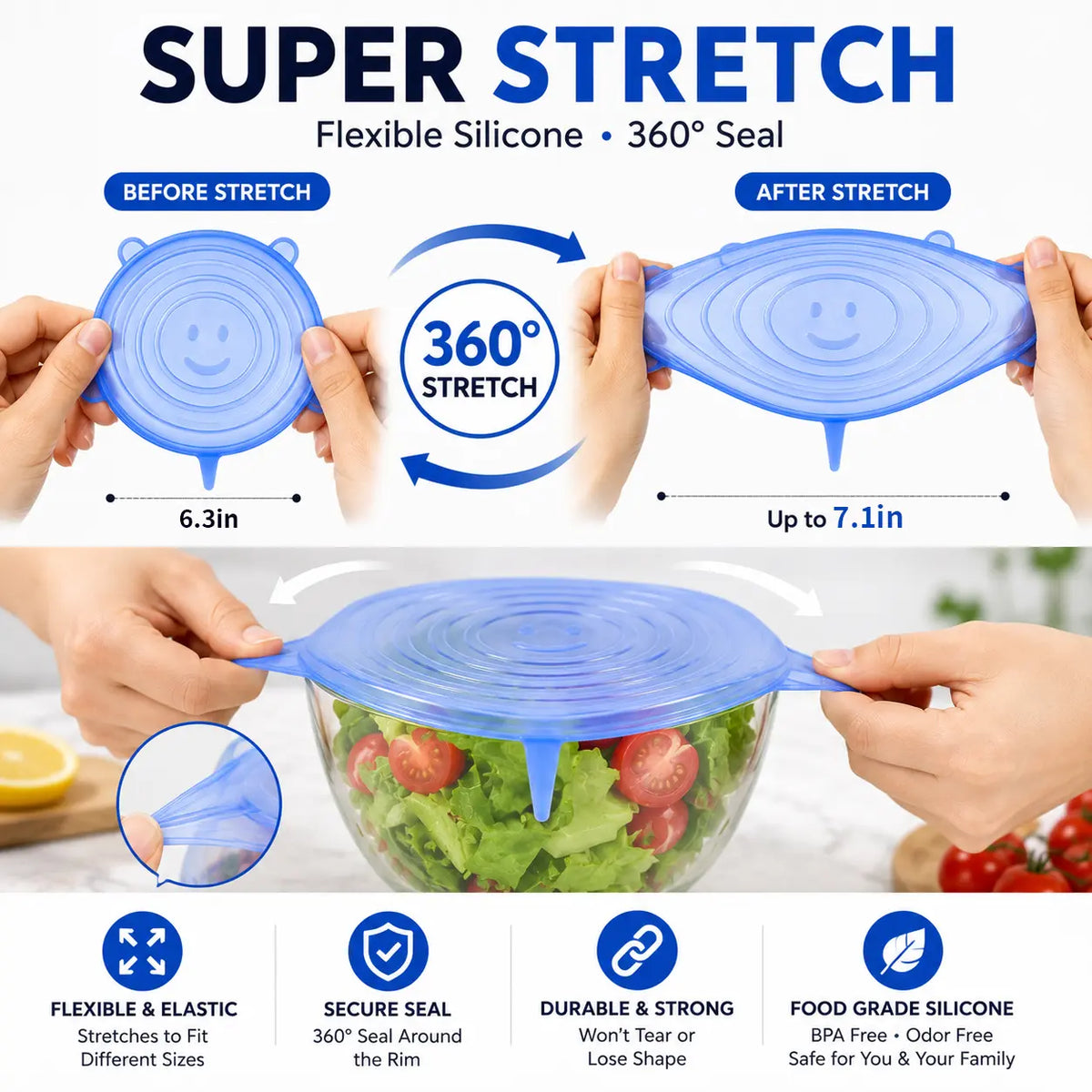 Universal Reusable Silicone Lids 6-Pack Self-Sealing Food Covers