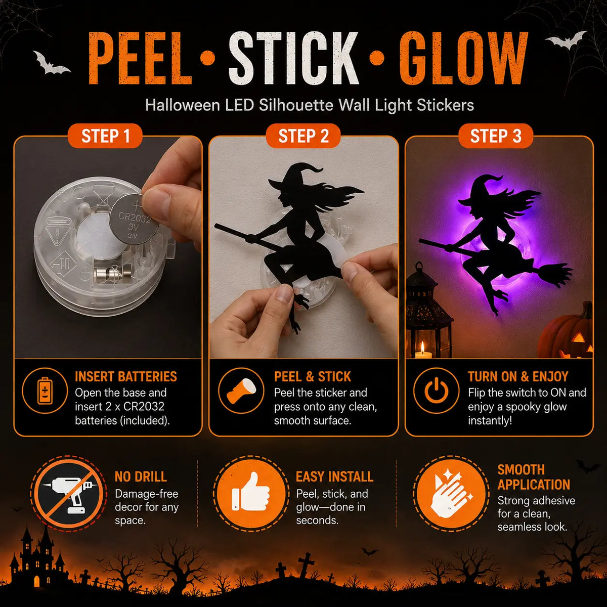 🕯️Halloween LED Silhouette Wall Light Stickers👻🎃