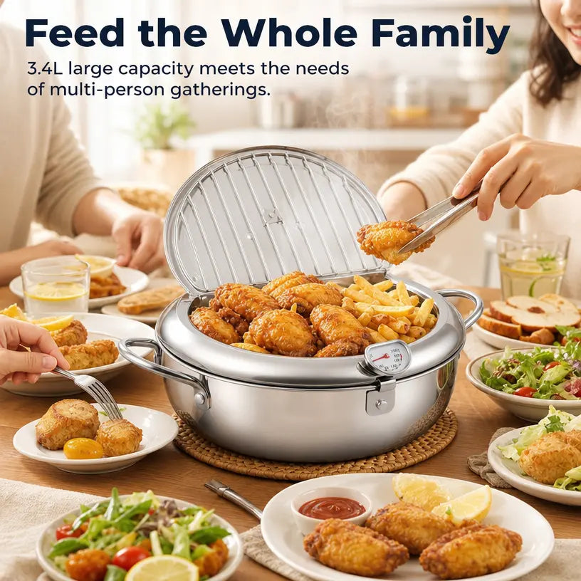 304 Grade Stainless Steel Deep Fryer Pot - Japanese Style, with Thermometer, Oil Drip Drainer Rack, Temp Control, Induction Safe for Gas Stoves, French Fries, Chicken Wings