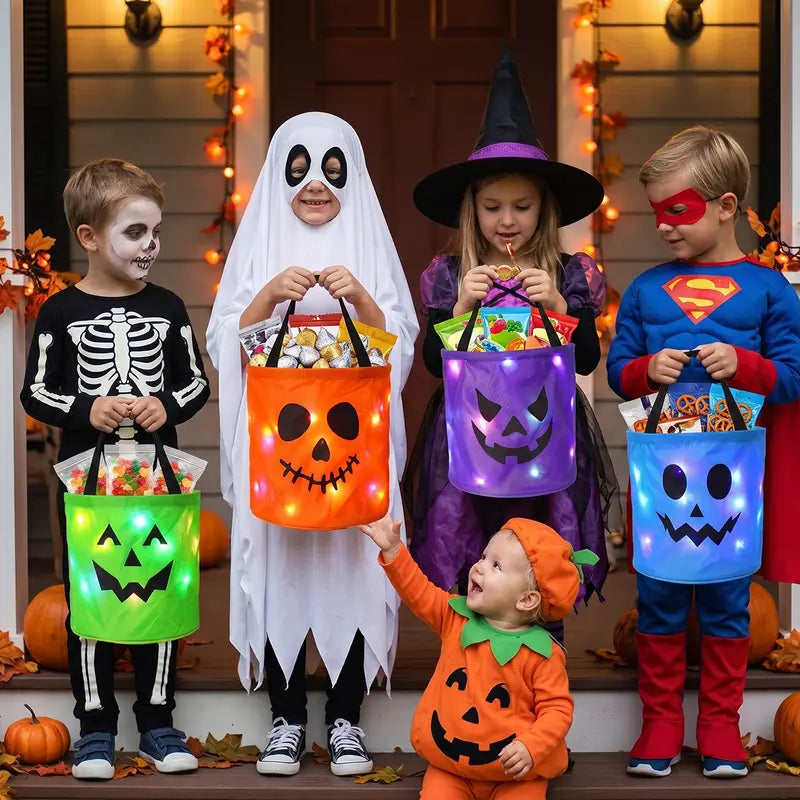 🎃 Halloween Candy Bucket with LED Lights Non Woven Gift Bags Trick or Treat Bags Pumpkin Candy Bags Reusable Tote Bags 👻
